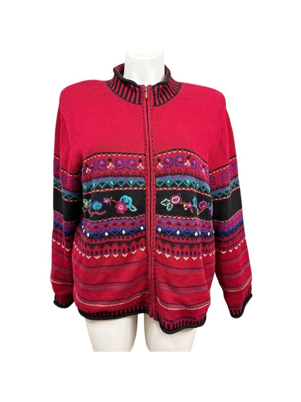 Vintage Koret Red Zip Up Knit Sweater Jacket Floral Embroidery XL